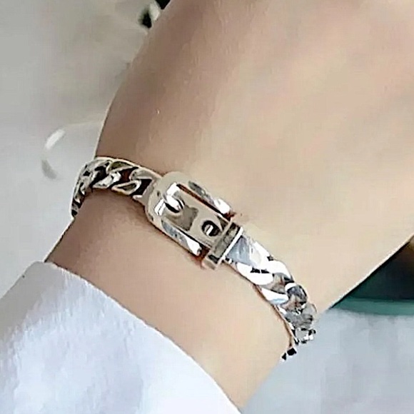 Belt Buckle Sterling Silver Bracelet Chain Link Unisex - Picture 6 of 8